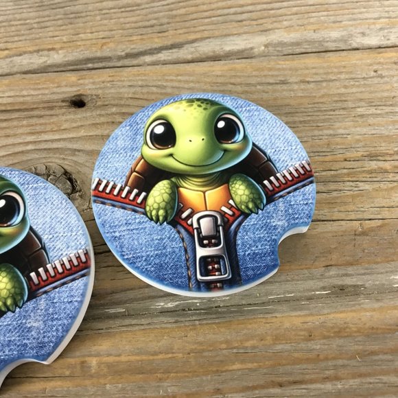 Turtle Peek-a-Boo Zipper Car Coasters Set of 2 - Picture 4 of 6
